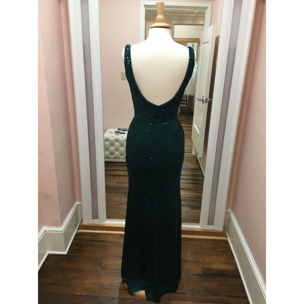 Hunter Green StretchSequin Evening Dress Sleeveless Square Neck Low Back Slit B2 - Picture 5 of 11